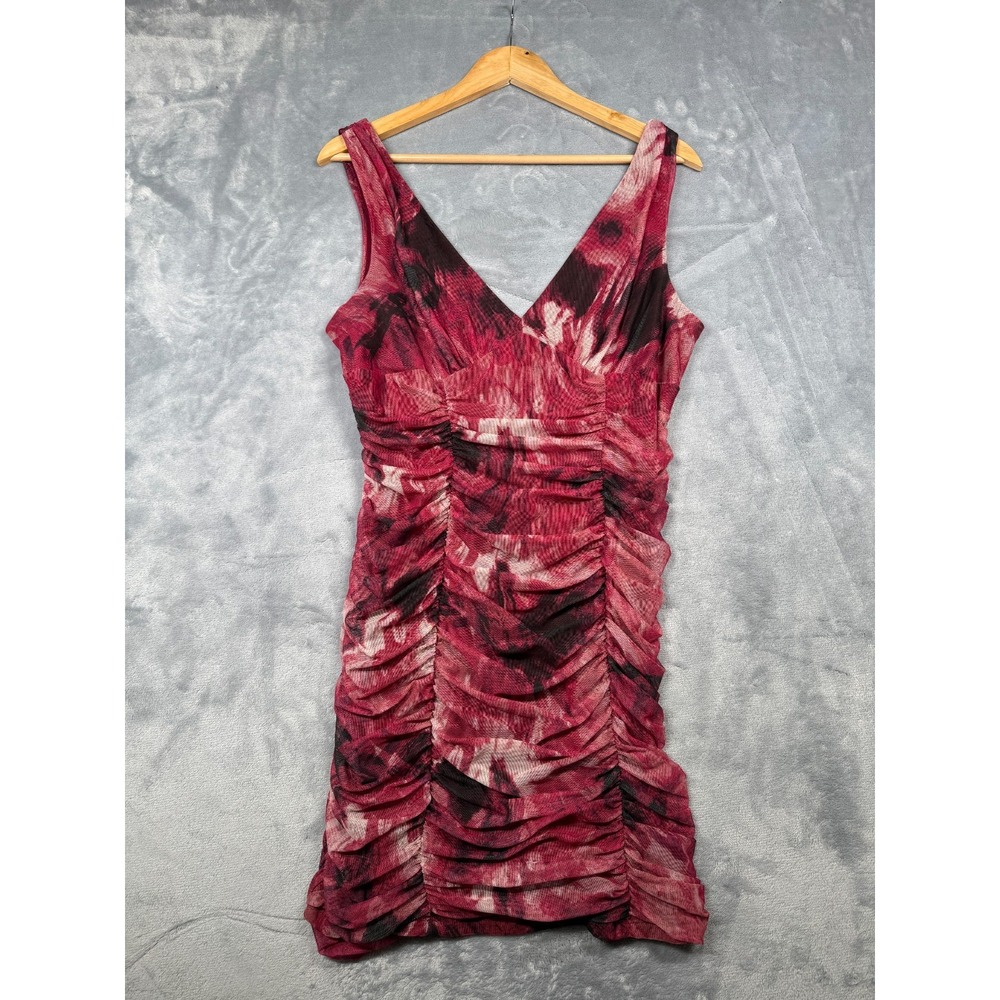City Studio Bodycon Mini Dress Womens XL Red All Over Mesh Ruched Design V-Neck